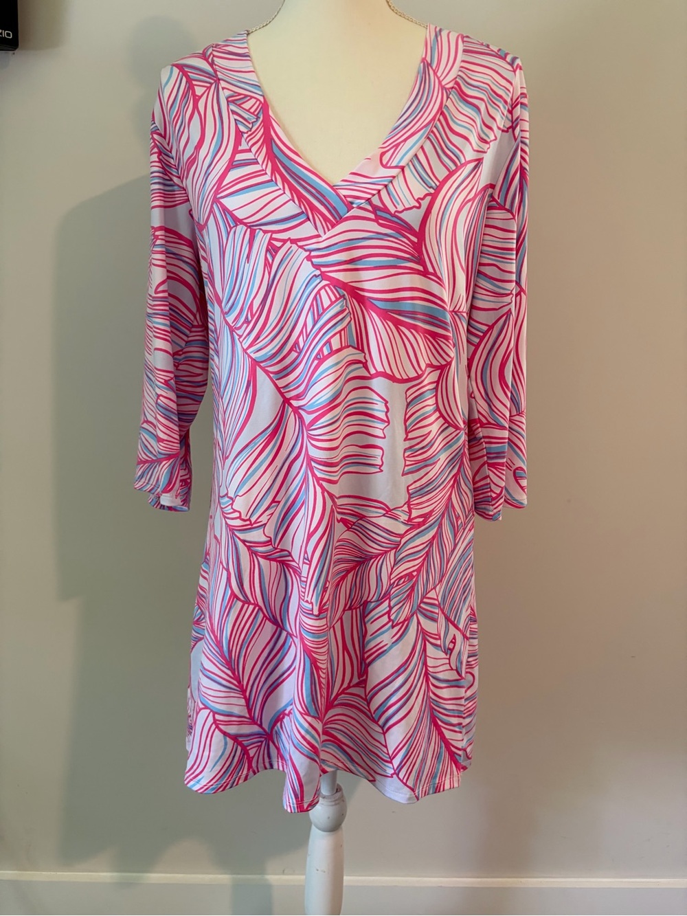 Pink Leaf-Print V-Neck Swim Coverup Tunic